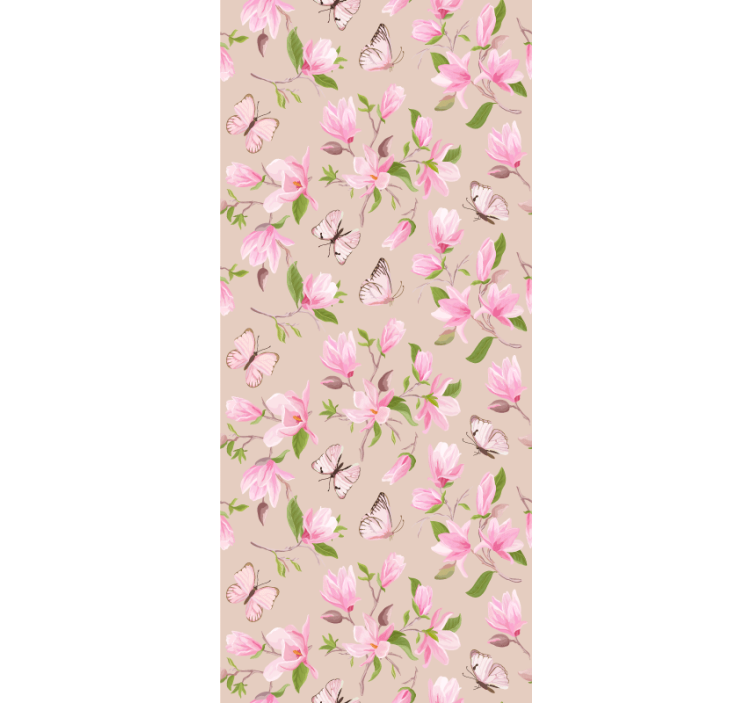 Floral wallpaper with pink magnolia and butterfly design - TenStickers