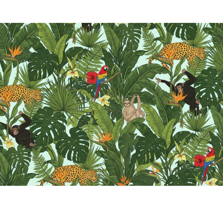 Jungle themed wallpaper featuring tropical animals - TenStickers