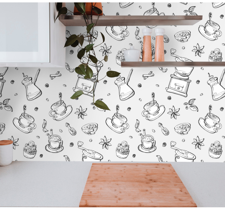Warm coffee sketch kitchen wallpaper - TenStickers