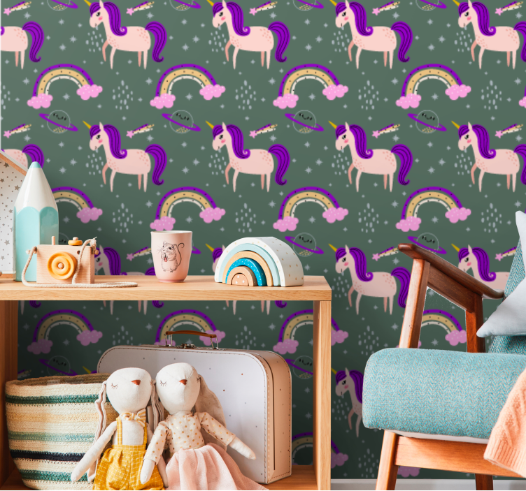Artistic unicorns over green Art Wallpaper - TenStickers