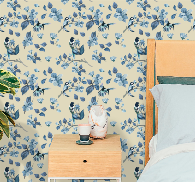 Beige and blue pattern flowers wallpaper - TenStickers