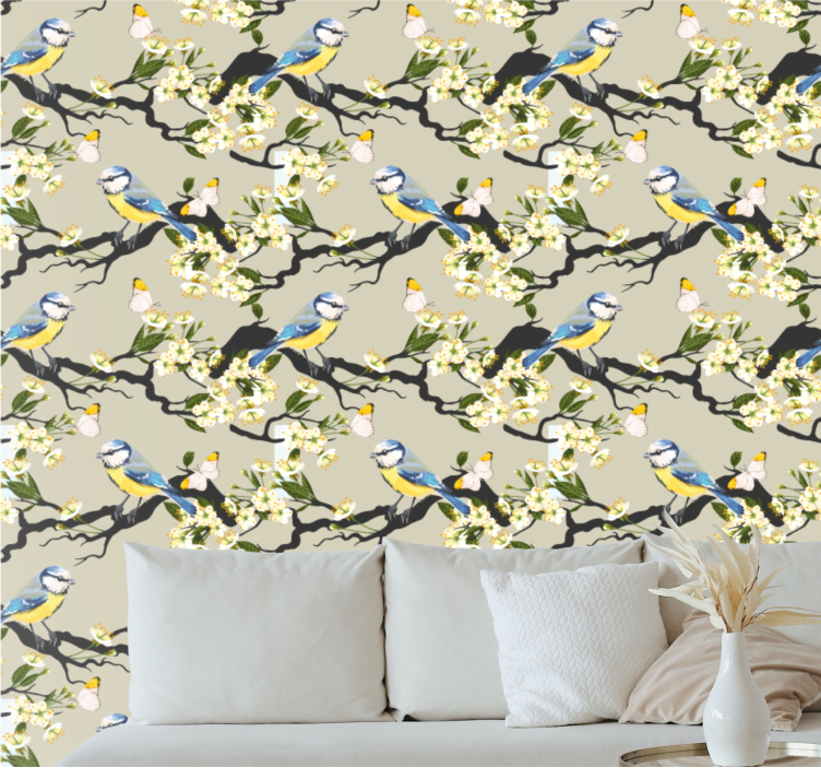 Birds and butterflies on trees flower wallpaper - TenStickers