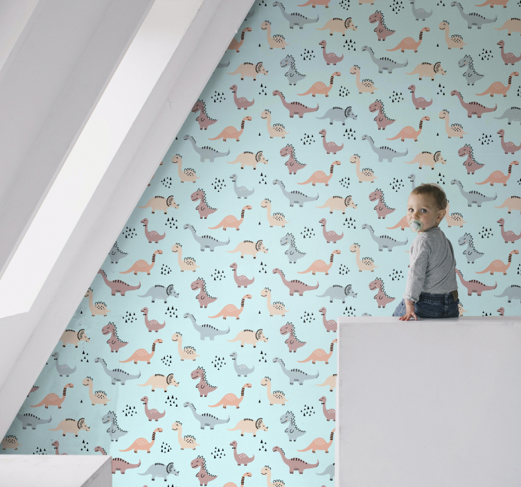 Blue background with various dinosaur wallpaper - TenStickers