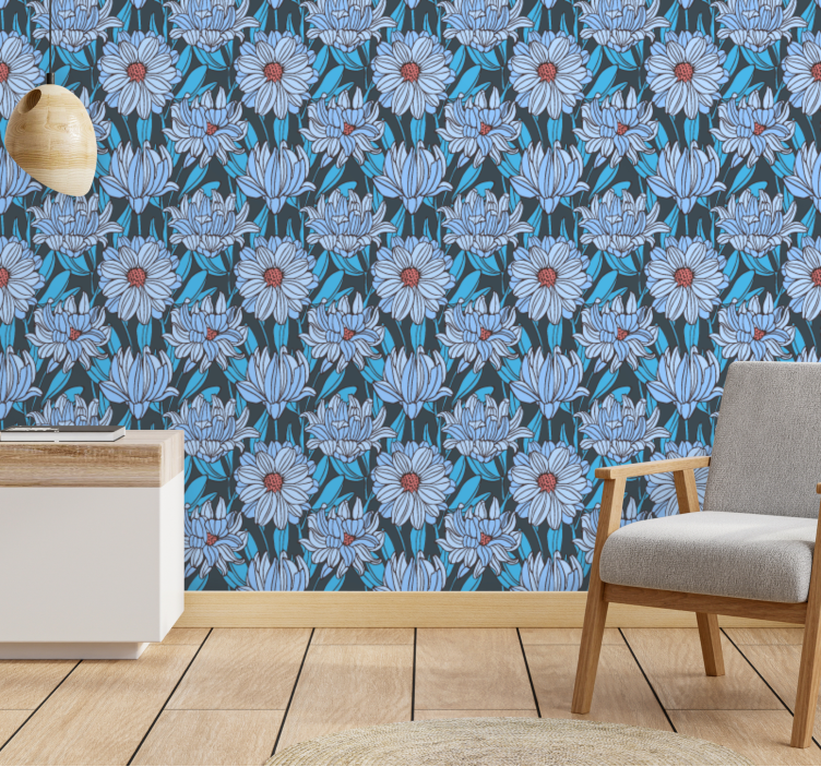 Blue chrysanthemums flower pattern wallpaper - TenStickers