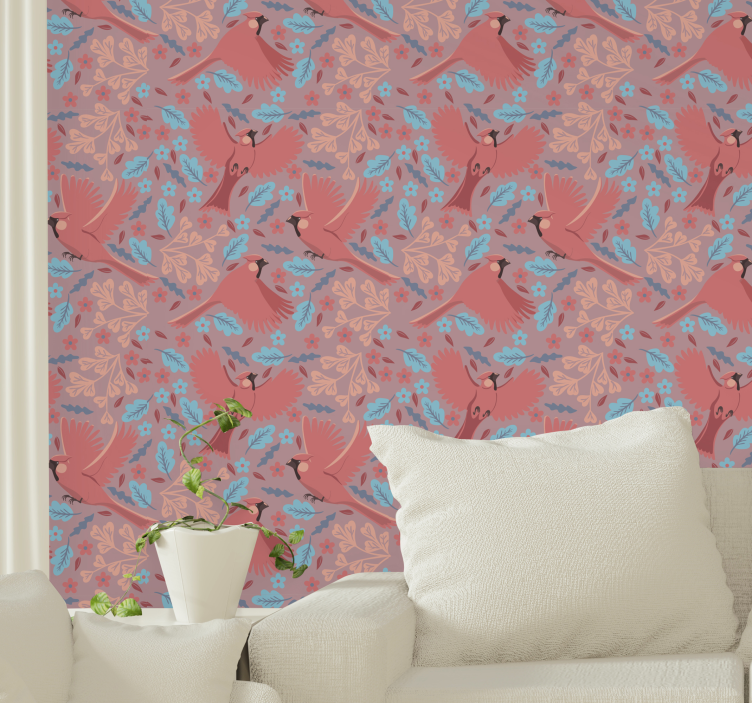 Blush background with birds on tree wallpaper - TenStickers