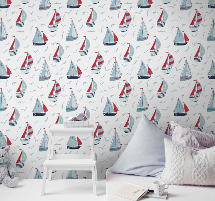 boats on the seaside children's wallpaper - TenStickers