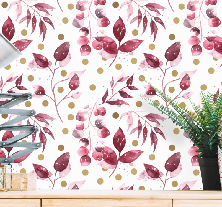 Burgundy leaves and gold dots Flower Wallpaper - TenStickers