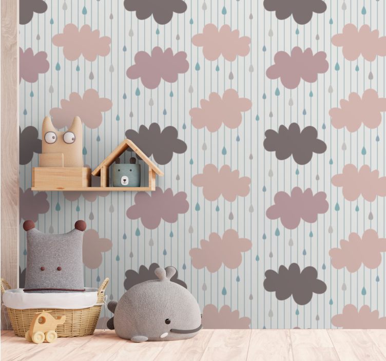 Pink rainy clouds wallpaper childrens room - TenStickers
