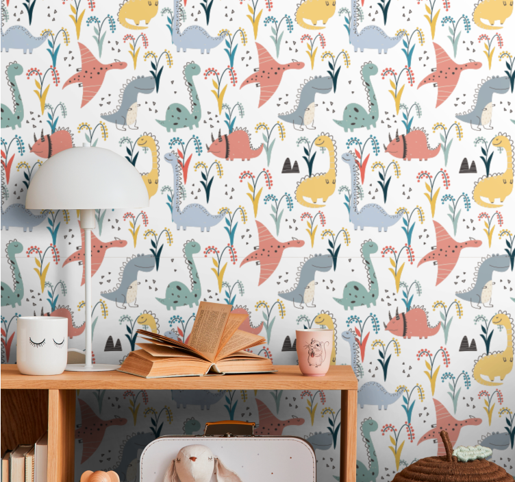 Nordic colorful pattern dinosaurs wallpaper - TenStickers