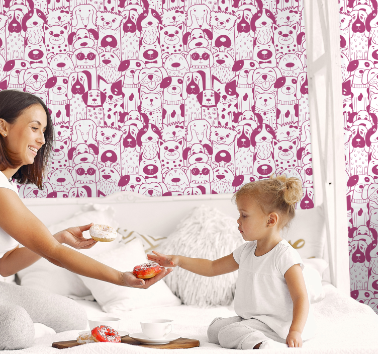 Drawing of pink dogs with fur Animal Wallpaper - TenStickers