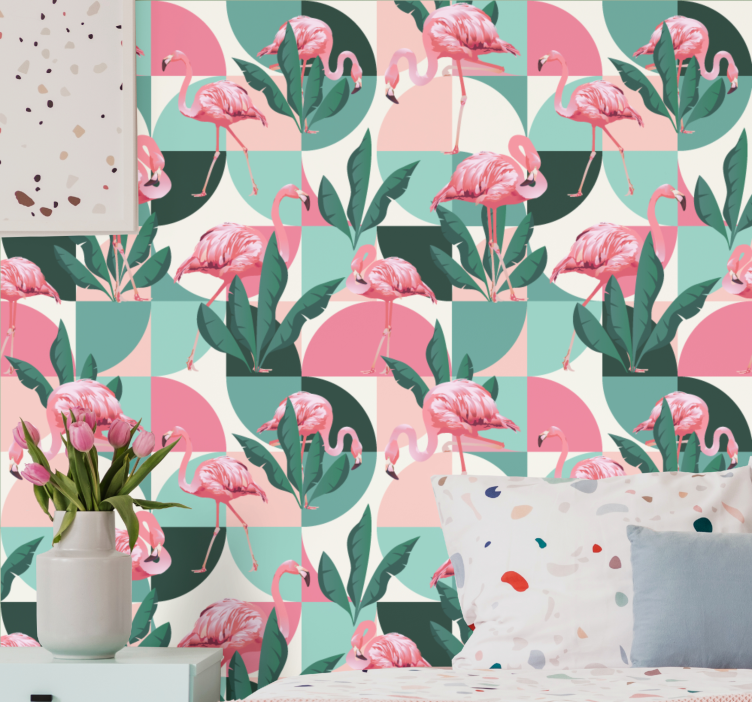 Flamingo Tropical Pattern jungle themed wallpaper - TenStickers