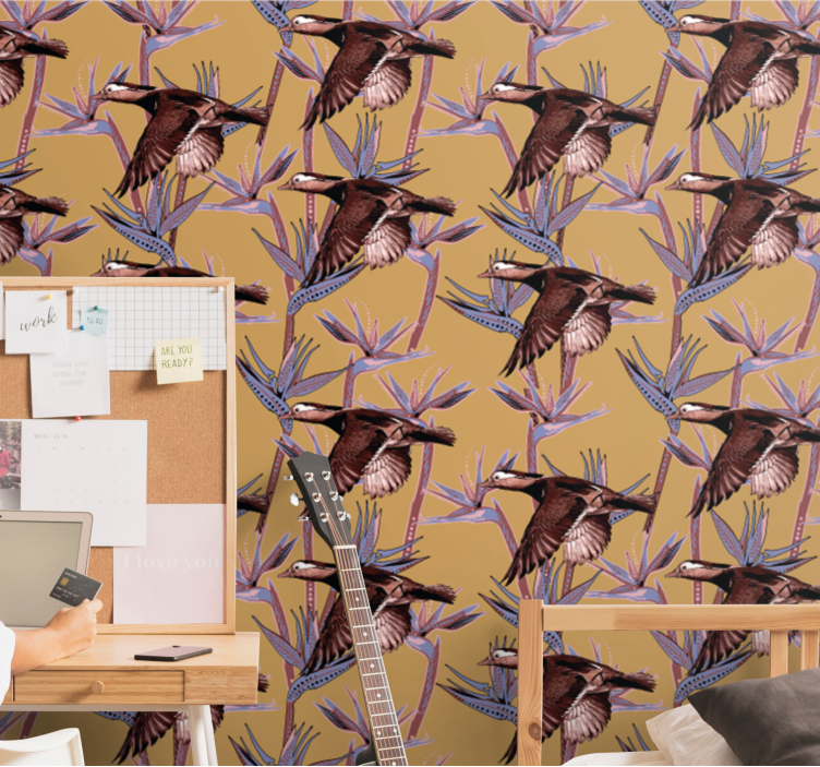 Flocking tropical motif birds in wallpaper - TenStickers