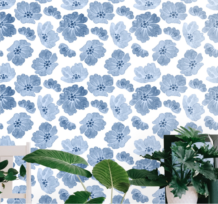 Blue and white floral pattern flowers wallpaper - TenStickers