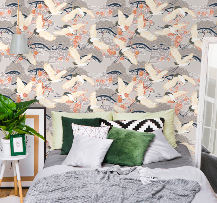Flying cranes pattern birds in wallpaper - TenStickers