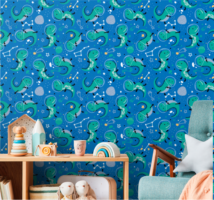 Funny dinosaur with planets children wallpaper - TenStickers