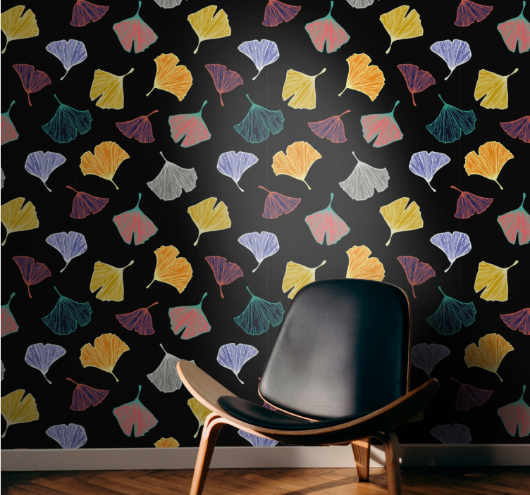Colorful Ginkgo motif leaves wallpaper - TenStickers