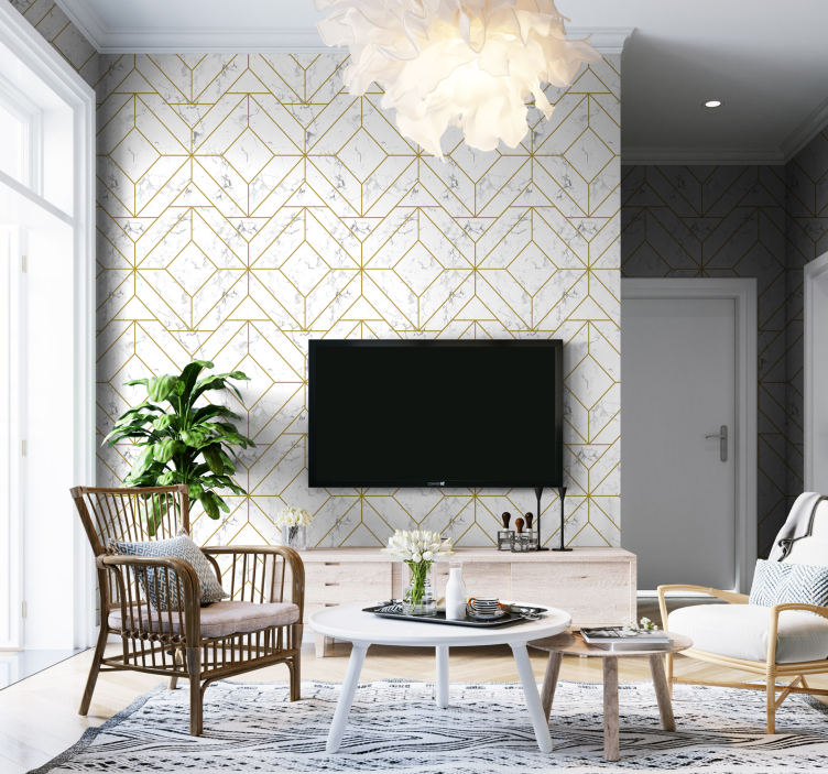 gold and white geometric Living room wallpaper - TenStickers