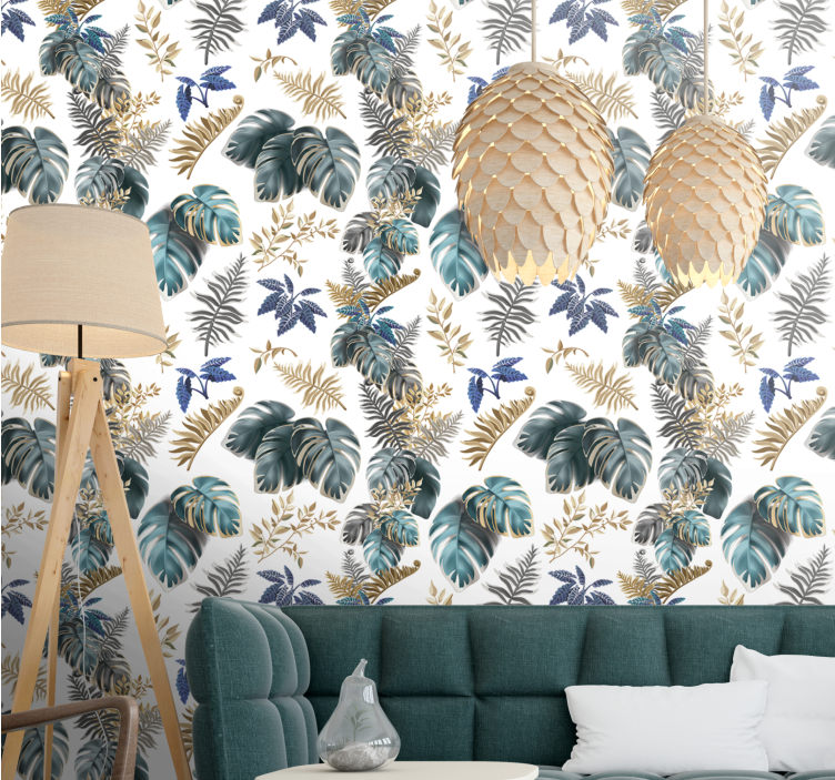 Golden and blue tropical wild leaf wallpaper - TenStickers