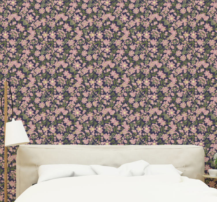 Green wallpaper pink flowers leaves Wallpaper - TenStickers