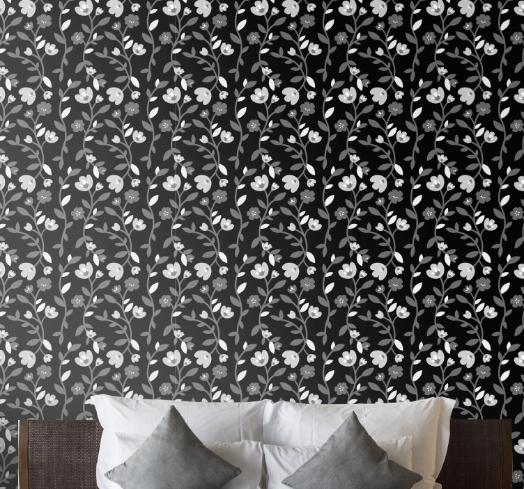 Grey flowers black background Flower Wallpaper - TenStickers