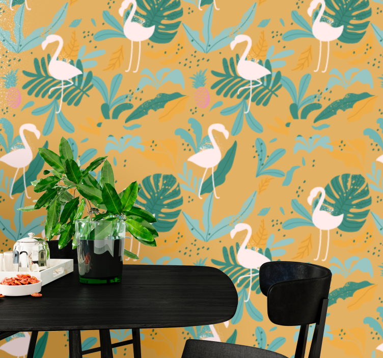 Mustard background white birds Animal Wallpaper - TenStickers