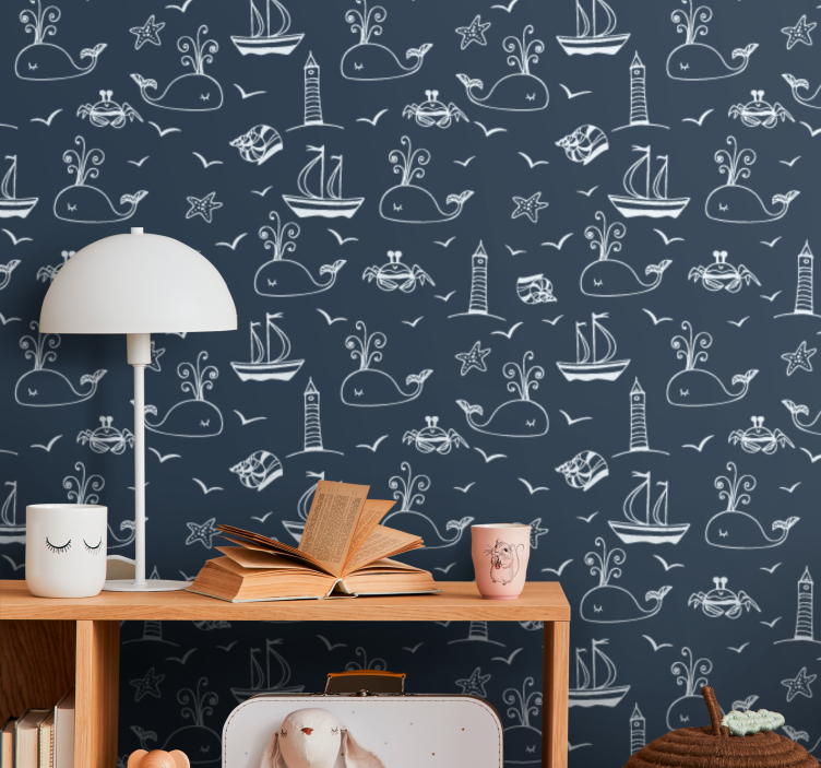 Navy blue sailboat pattern childrens wallpaper - TenStickers