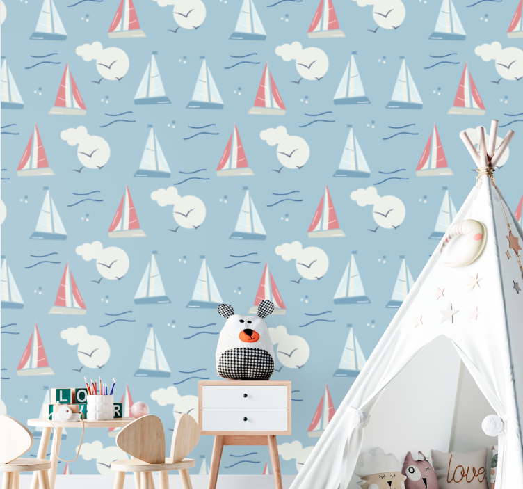On the clouds sailboat pattern wallpaper - TenStickers