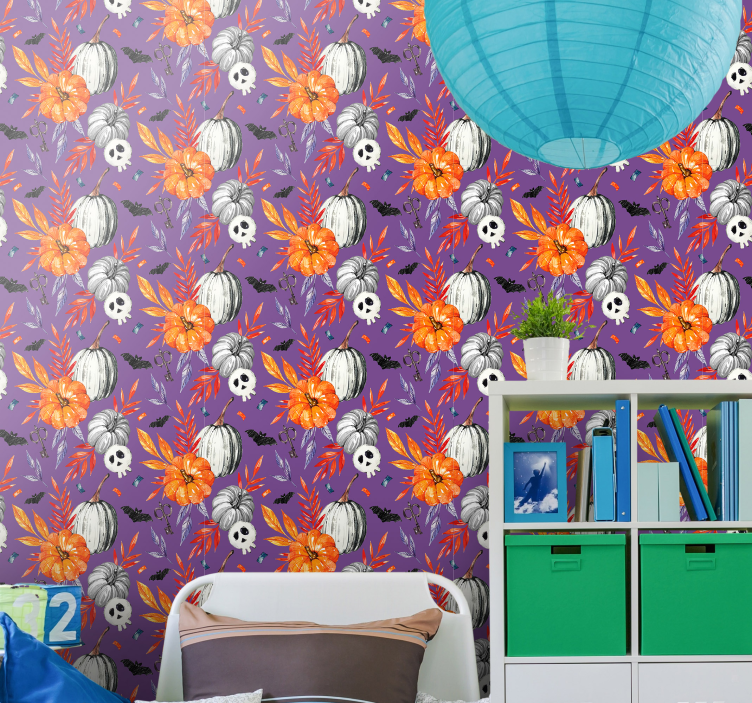 Orange Floral Skulls cute halloween wallpaper - TenStickers