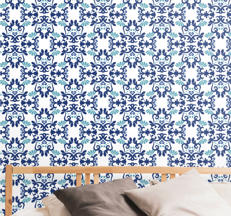 Ornate blue mosaic tile effect wallpaper - TenStickers