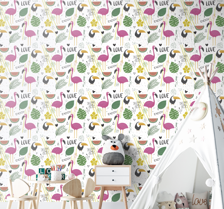 parrots and flamingos Childrens Wallpaper - TenStickers