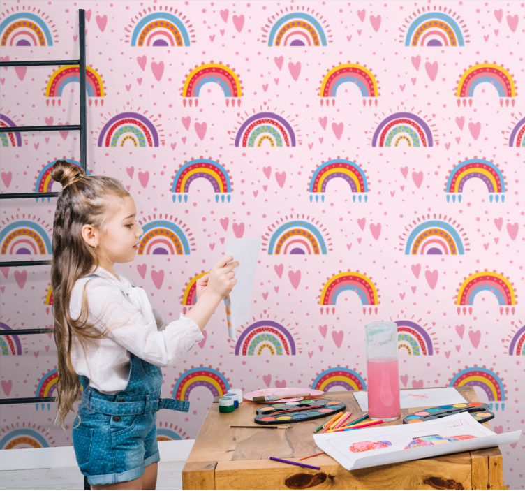 Pink dots and rainbows Childrens Wallpaper - TenStickers