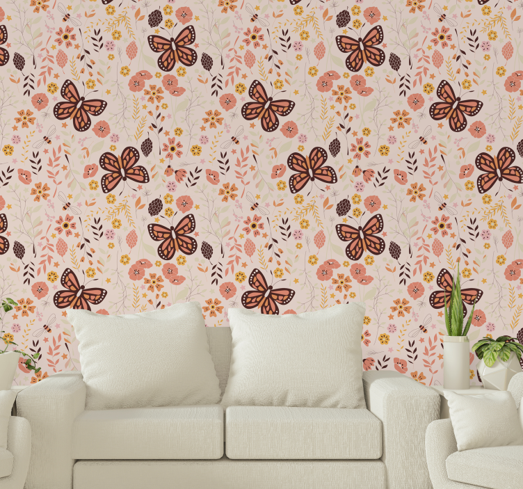 Pink flowers butterflies wallpaper - TenStickers