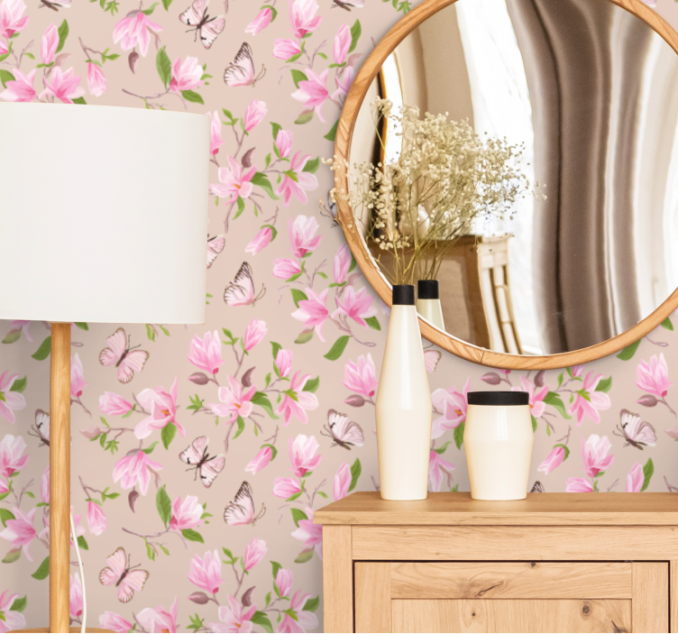 Pink magnolia and butterfly flower wallpaper - TenStickers