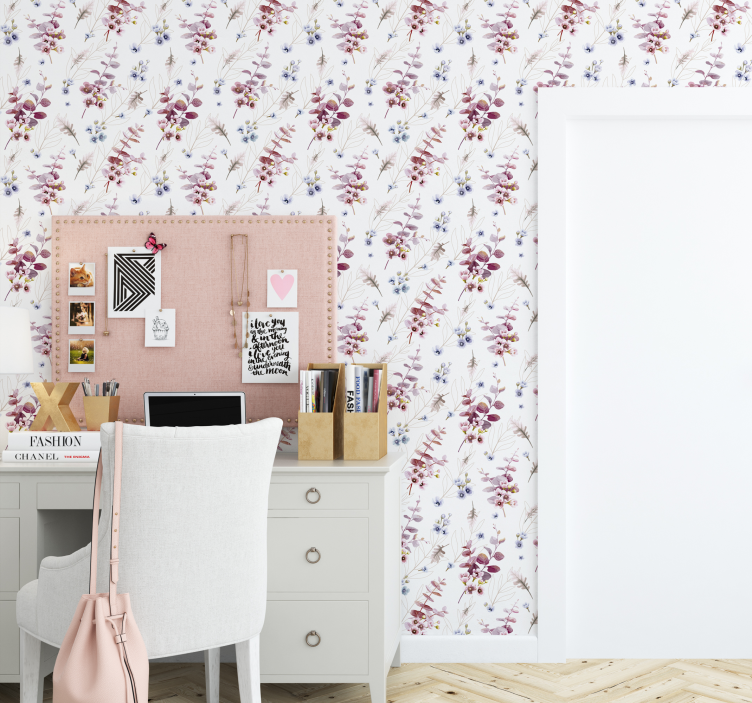 Pink vintage style with flowers leaf wallpaper - TenStickers