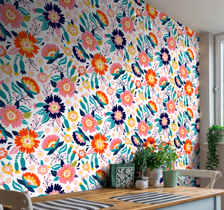 Romantic Flowers Ornamental Wallpaper - TenStickers