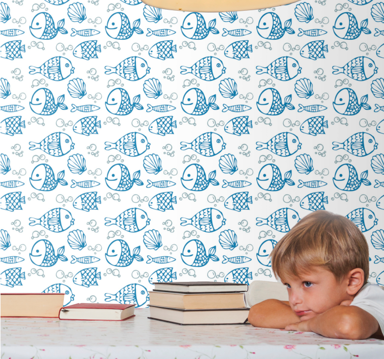 Several drawn blue fishes Childrens Wallpaper - TenStickers