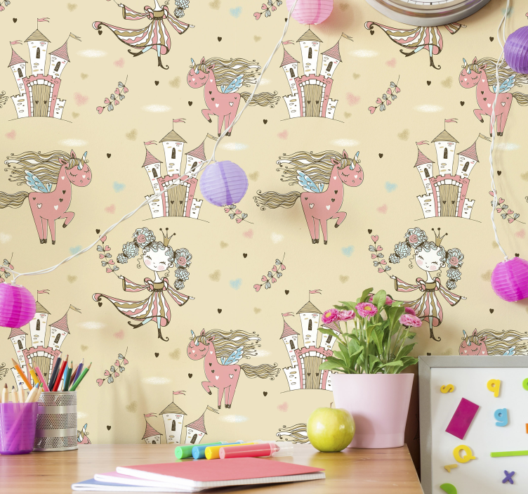 Unicorn castle and princess Childrens Wallpaper - TenStickers