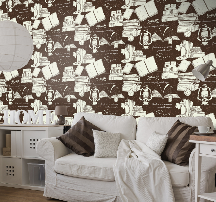 Vintage living room book shelf wallpaper - TenStickers