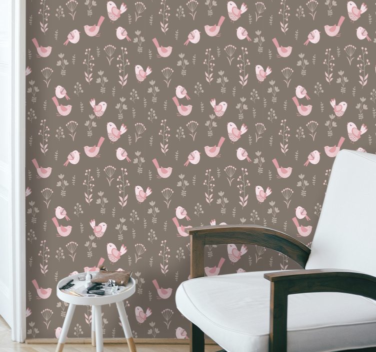 Pink birds brown on background  wallpaper - TenStickers