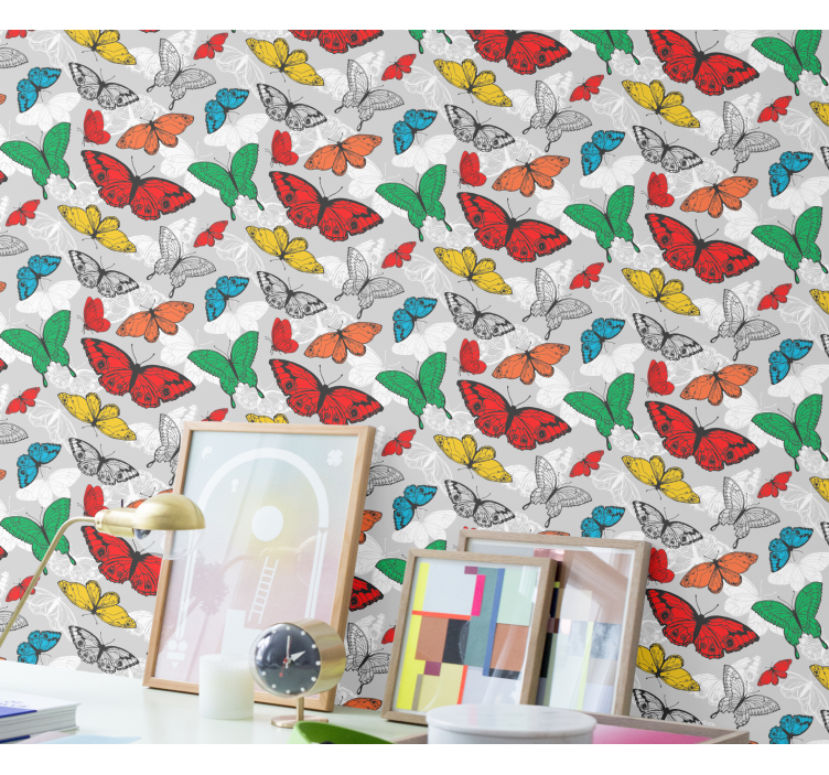 White and coloured butterfly pattern  wallpaper - TenStickers