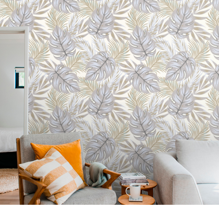 White artistic palm tree leaves wallpaper - TenStickers