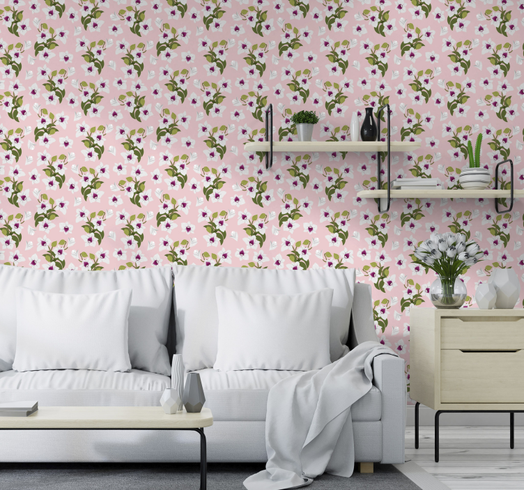 White flowers wallpaper with pink background - TenStickers