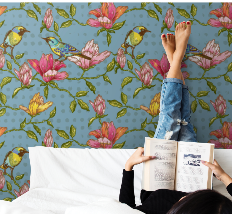 Yellow birds with flowers Flower Wallpaper - TenStickers