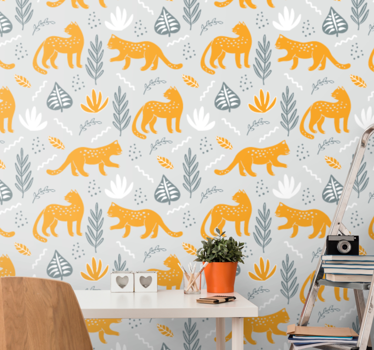 Yellow wild Leopard  Living Room Wallpaper - TenStickers